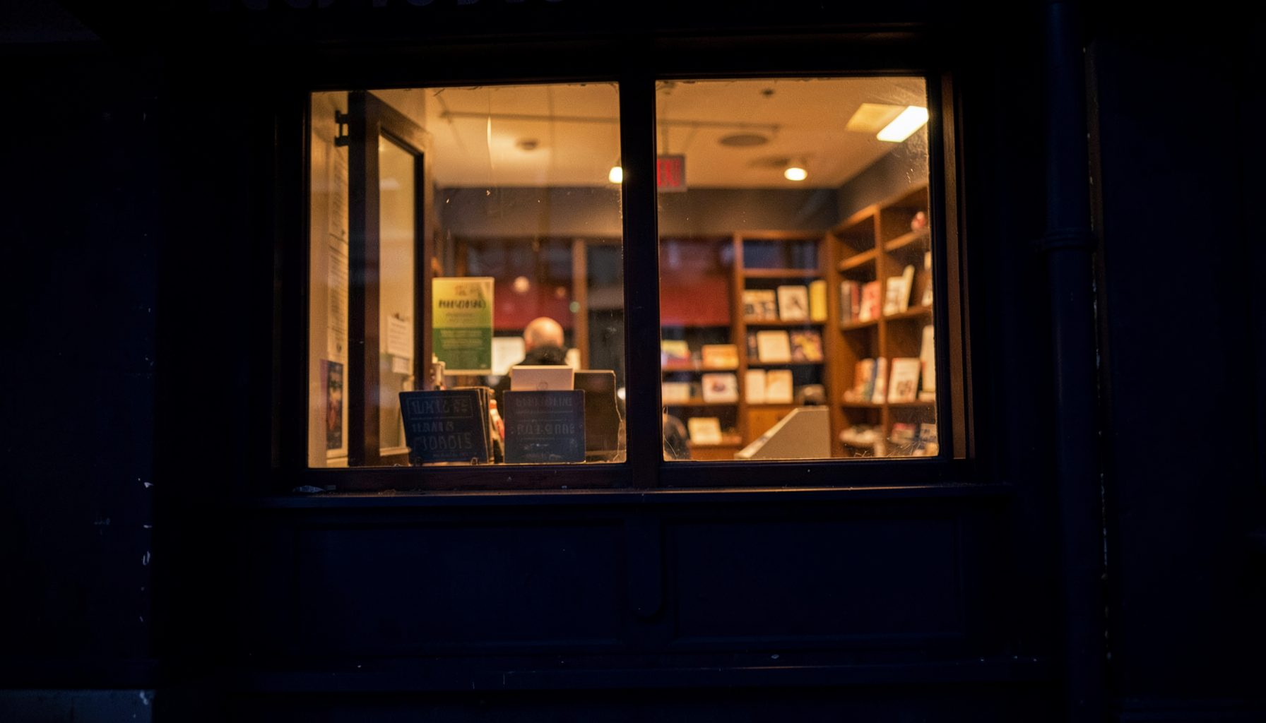 A softly lit theatre box office window with warm golden tones and deep navy shadows, evoking anticipation before a performance.